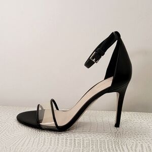 ALDO Clear Vinyl Black Patent Ankle Strap Stiletto Sandals Heels